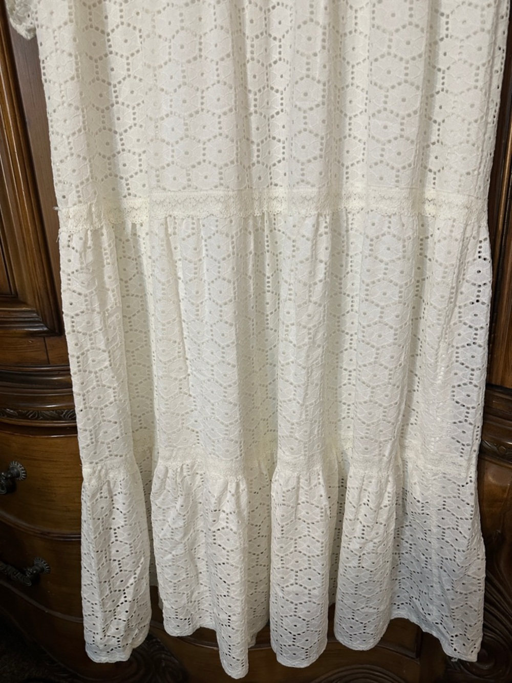 Prairie Eyelet Lace Tiered Boho White Fully Lined Cottage Core Maxi Dress Large - Picture 13 of 14